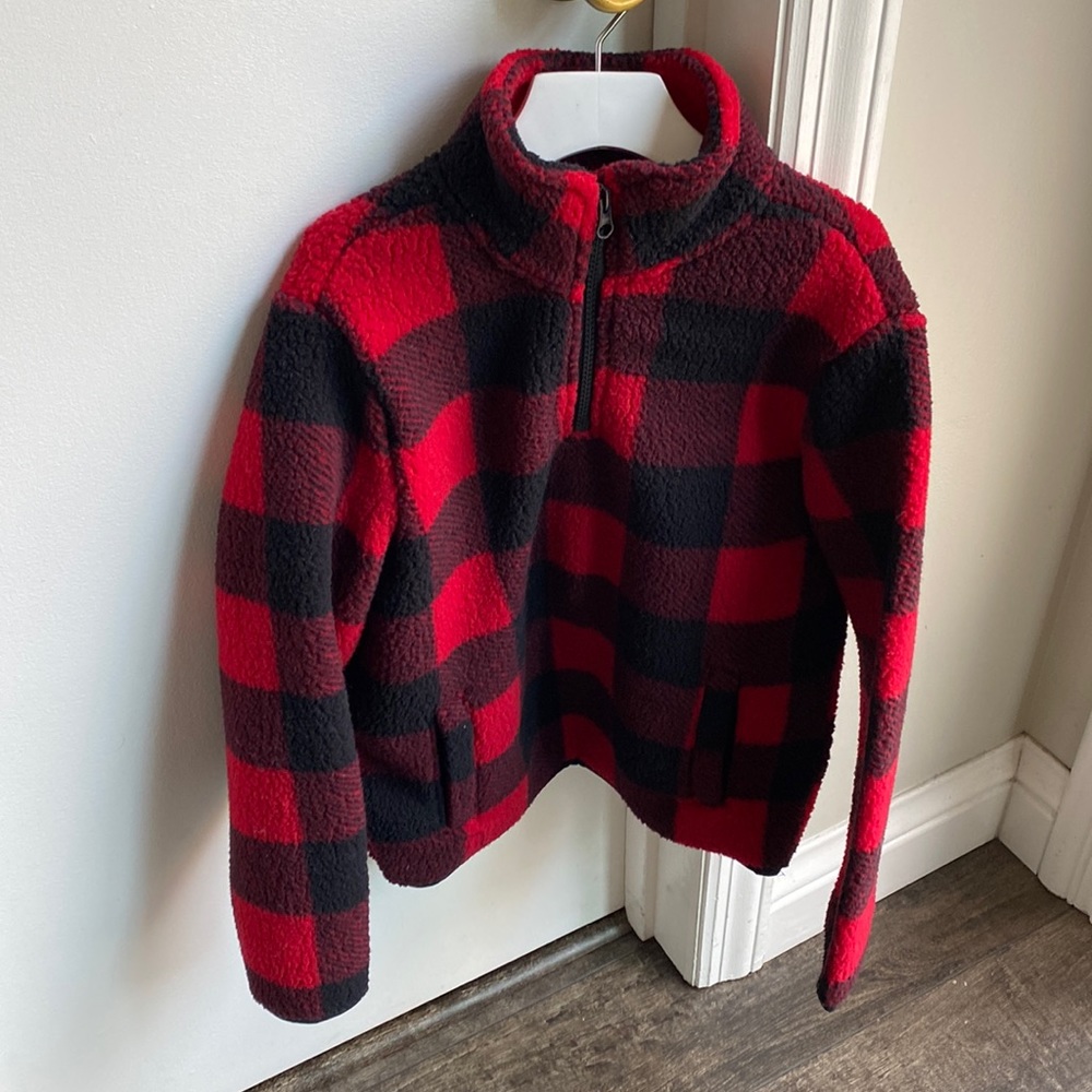 Boys Red Sherpa Plaid Pull Over Zip Up